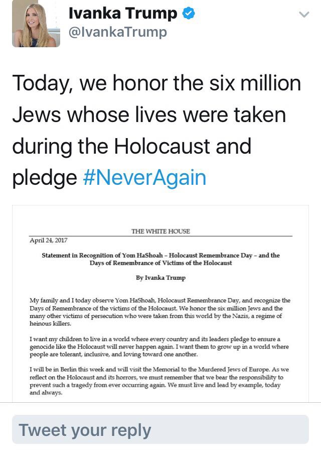 Ivanka Trump Releases Official Yom Hashoah White House Statement