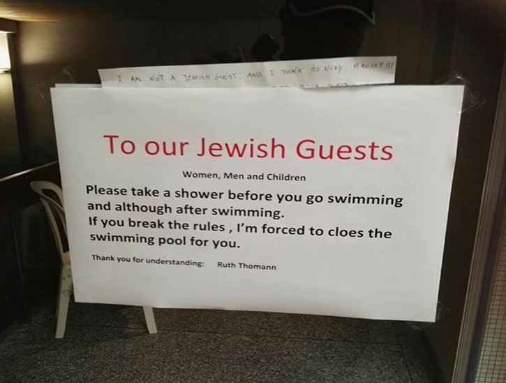 Swiss Hotelier Sorry for Signs Telling Jews to Shower Before Entering Pool
