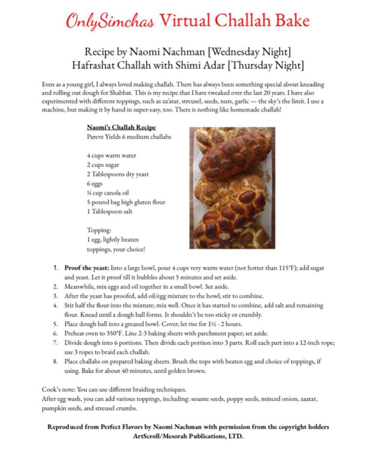 Challah Recipe from Naomi Nachman , Tommorow night is part 2 of our challah bake with Shimi Adar